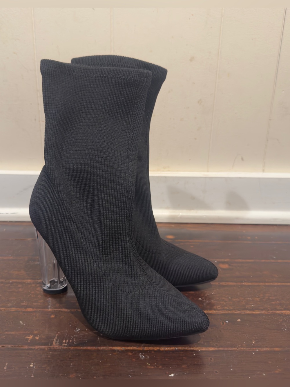 Black Stretch Knit Ankle Boots with Transparent Block Heel ( fashion nova )